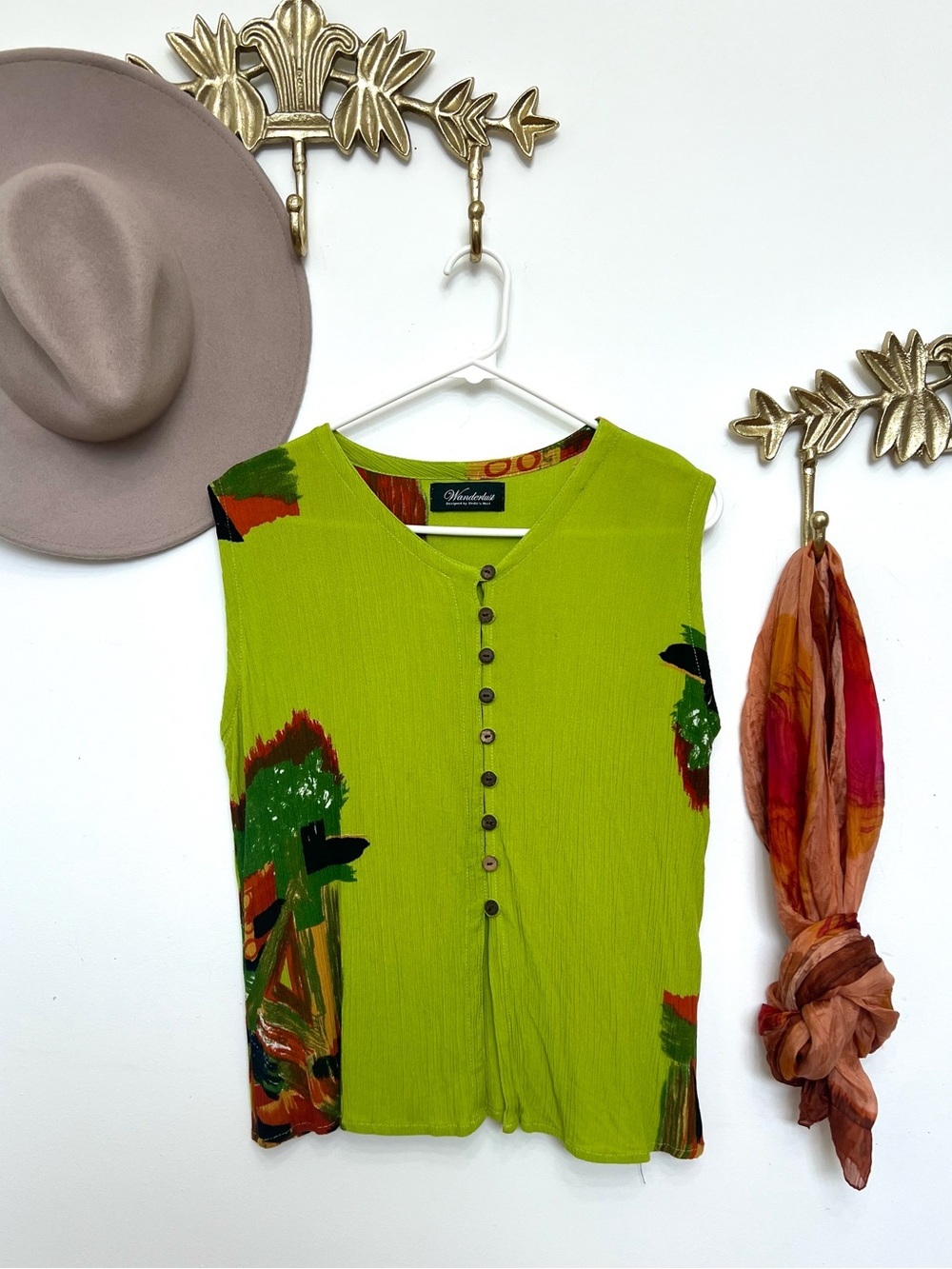 Bohemian Sleeveless Button-Front Women’s Top in Lime Green m ptp 20.5”